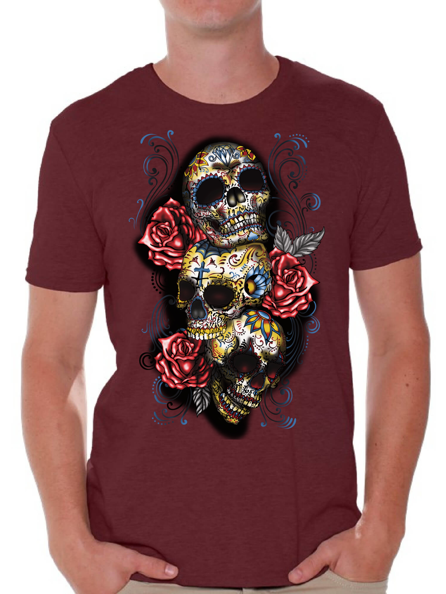 Awkward Styles Three Sugar Skull Tshirt for Men Skull Red Roses Shirt Sugar Skull Shirt Men's Day of the Dead Shirt Dia de los Muertos Gifts for Him Skull T-Shirt Halloween Outfit Sugar Skulls Tshirt